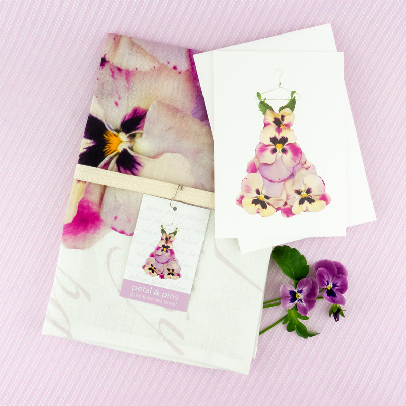 petal & pins pansy dress tea towel and greeting card
