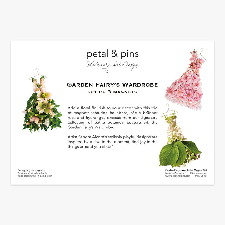 garden fairy's wardrobe spring flowers set of 3 magnets (back) by petal & pins