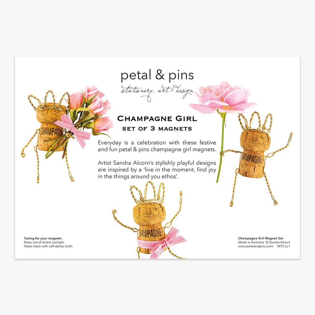 champagne girl magnet set (back) by petal & pins
