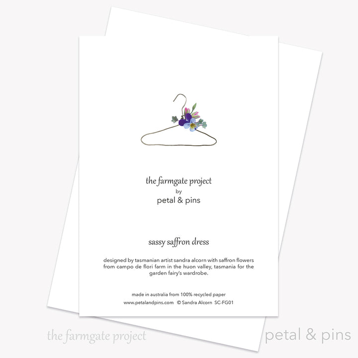 sassy saffron dress greeting card back by petal & pins for the farmgate project