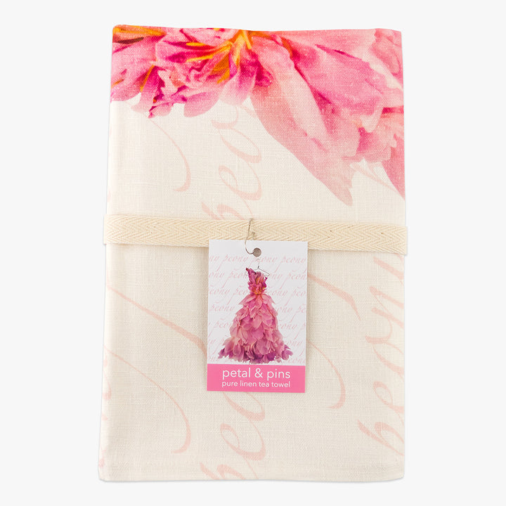peony ballgown dress pure linen tea towel by petal & pins - folded with cotton twill band and tag