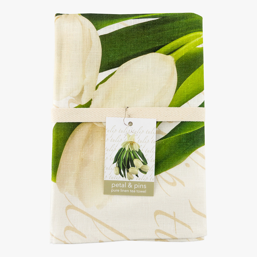 white tulip dress pure linen tea towel by petal & pins - folded with cotton twill band and tag