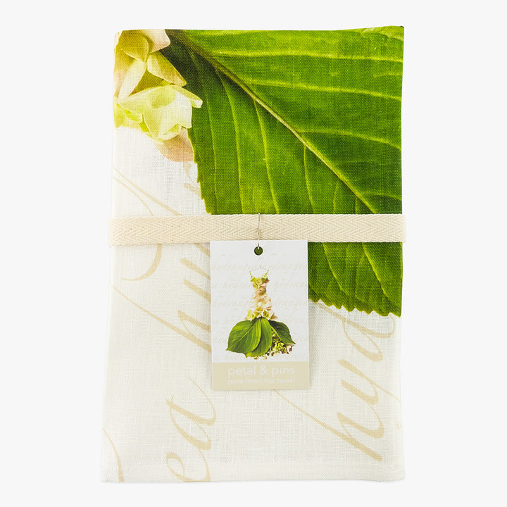 cream hydrangea gown pure linen tea towel by petal & pins - folded with cotton twill band and tag