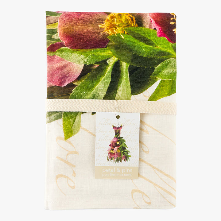 crimson hellebore dress pure linen tea towel by petal & pins - folded with cotton twill band and tag