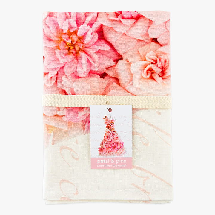 cécile brünner rose dress tea towel by petal & pins - folded with cotton twill band and tag