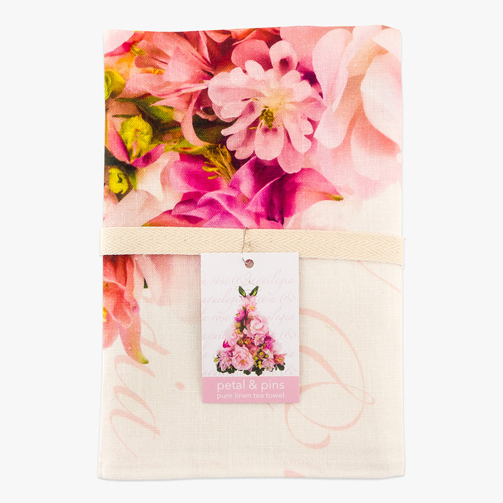 aquilegia & rose pure linen tea towel by petal & pins - folded with cotton twill band and tag