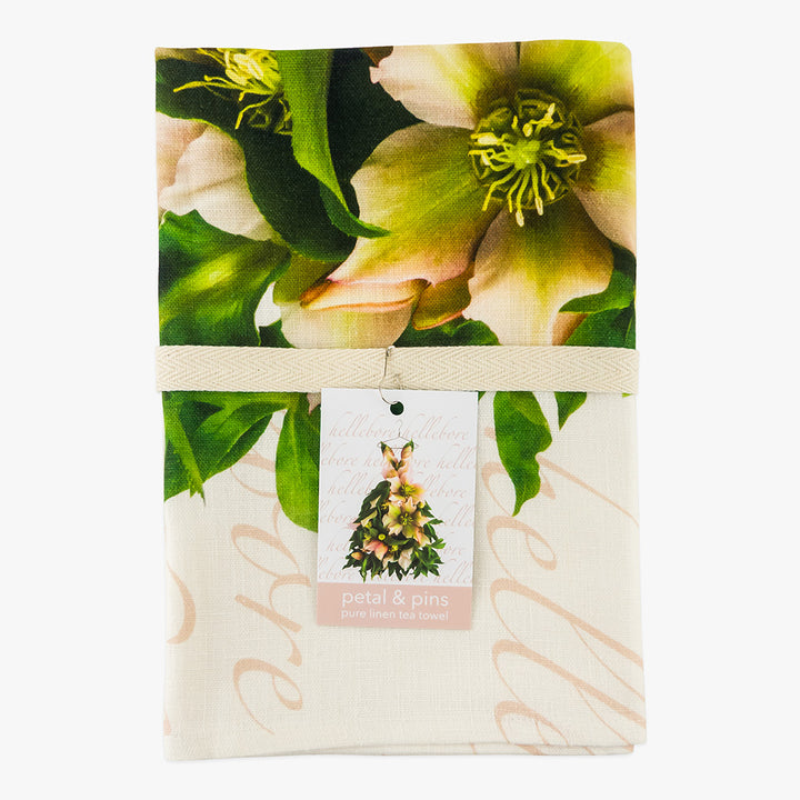hellebore romance dress pure linen tea towel by petal & pins - folded with cotton twill band and tag