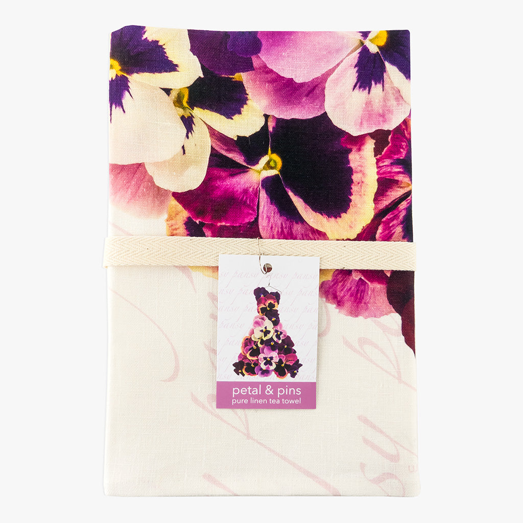 pansy gown pure linen tea towel by petal & pins - folded with cotton twill band and tag