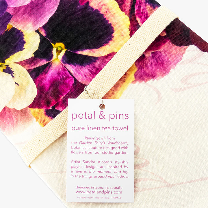 pansy gown pure linen tea towel by petal & pins - folded with cotton twill band and tag reverse detail