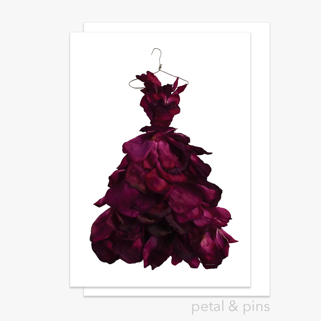red wine rose gown greeting card – petal pins
