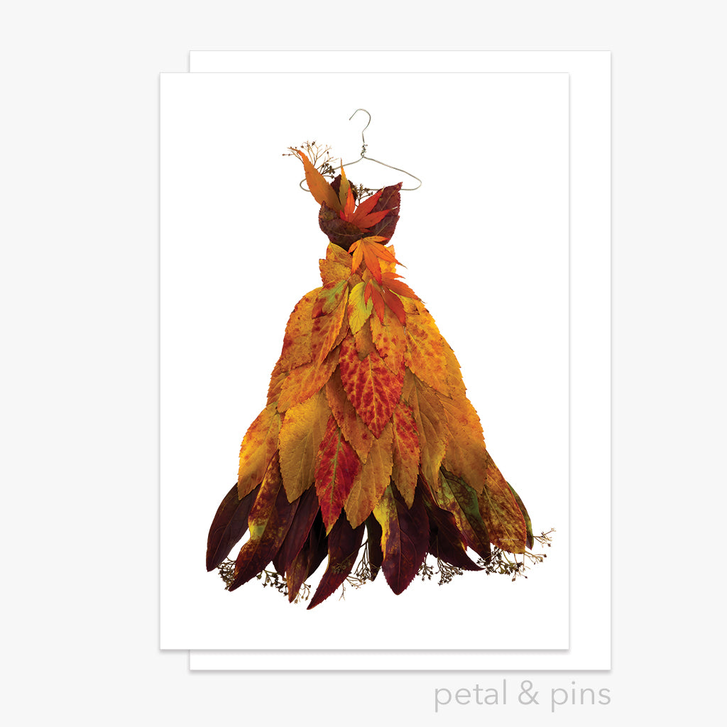 autumn leaf dress greeting card petal pins