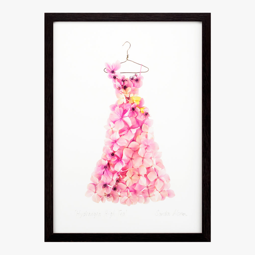 pink hydrangea high tea dress art print by petal & pins