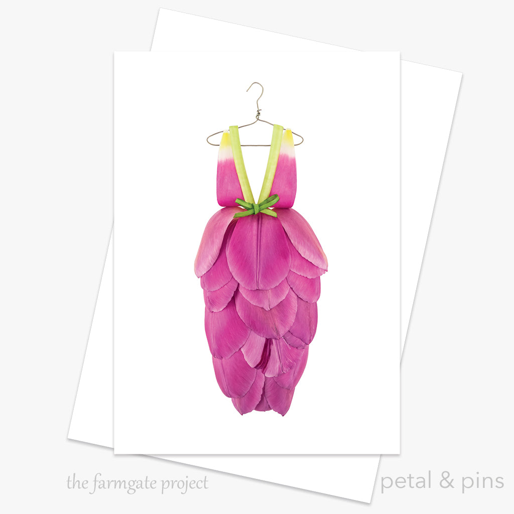 pink tulip dress - floral greeting card by petal & pins for the farmgate project