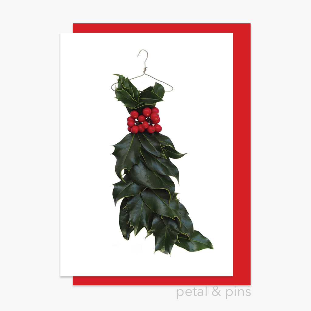 christmas holly dress style 1 card by petal & pins