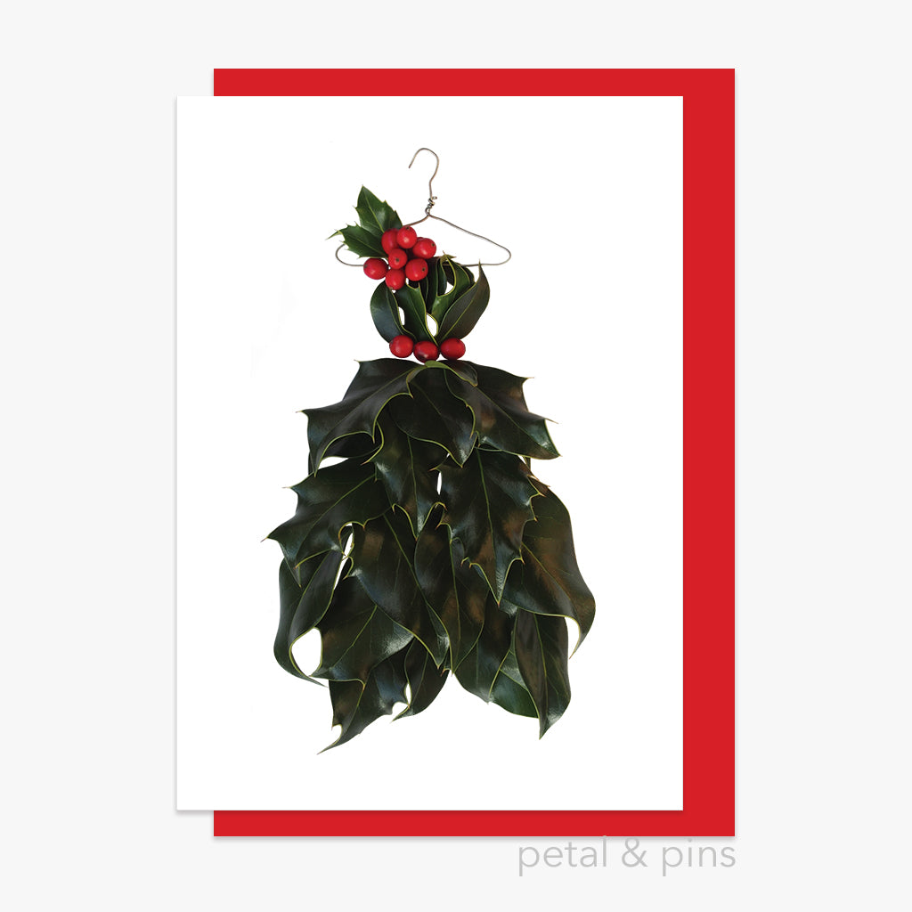 christmas holly dress style 3 card by petal & pins