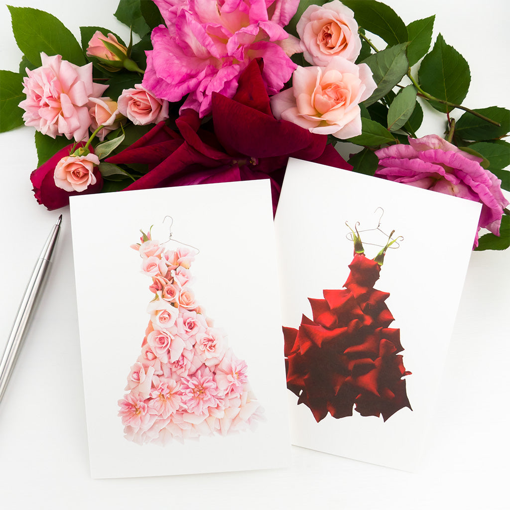 cécile brünner rose dress and red rose dress greeting cards by petal & pins
