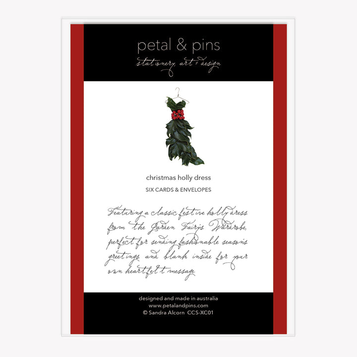 seasons greetings holly - boxed set of six christmas cards (back) by petal & pins