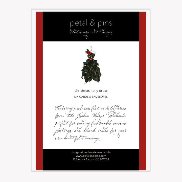 festive greetings holly - boxed set of six christmas cards (back) by petal & pins