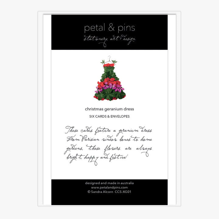 christmas geranium dress - boxed set of six christmas cards (back) by petal & pins