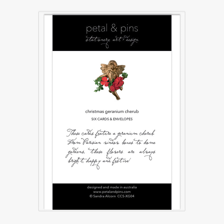 christmas geranium cherub - boxed set of six christmas cards (back) by petal & pins