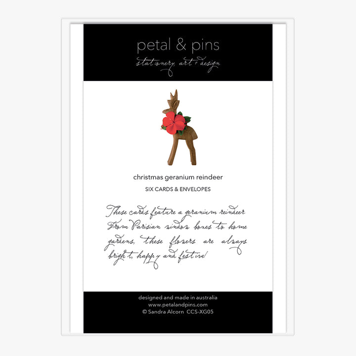 christmas geranium reindeer - boxed set of six christmas cards (back) by petal & pins