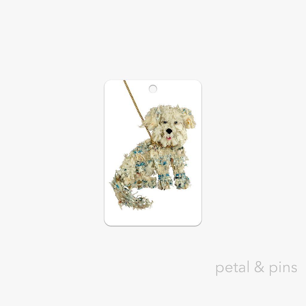 labradoodle gift tag by petal & pins featuring a white labradoodle dog with a gold chain lead