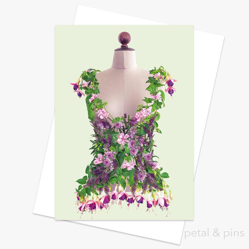 fuchsia hebe geranium bodice greeting card from the fairytale collection by petal & pins