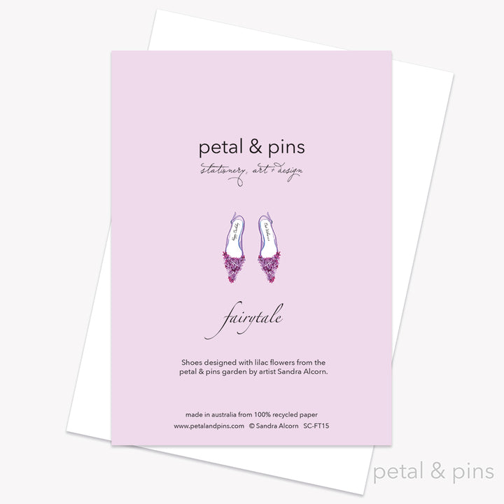 Lilac high heels floral birthday card back by petal & pins