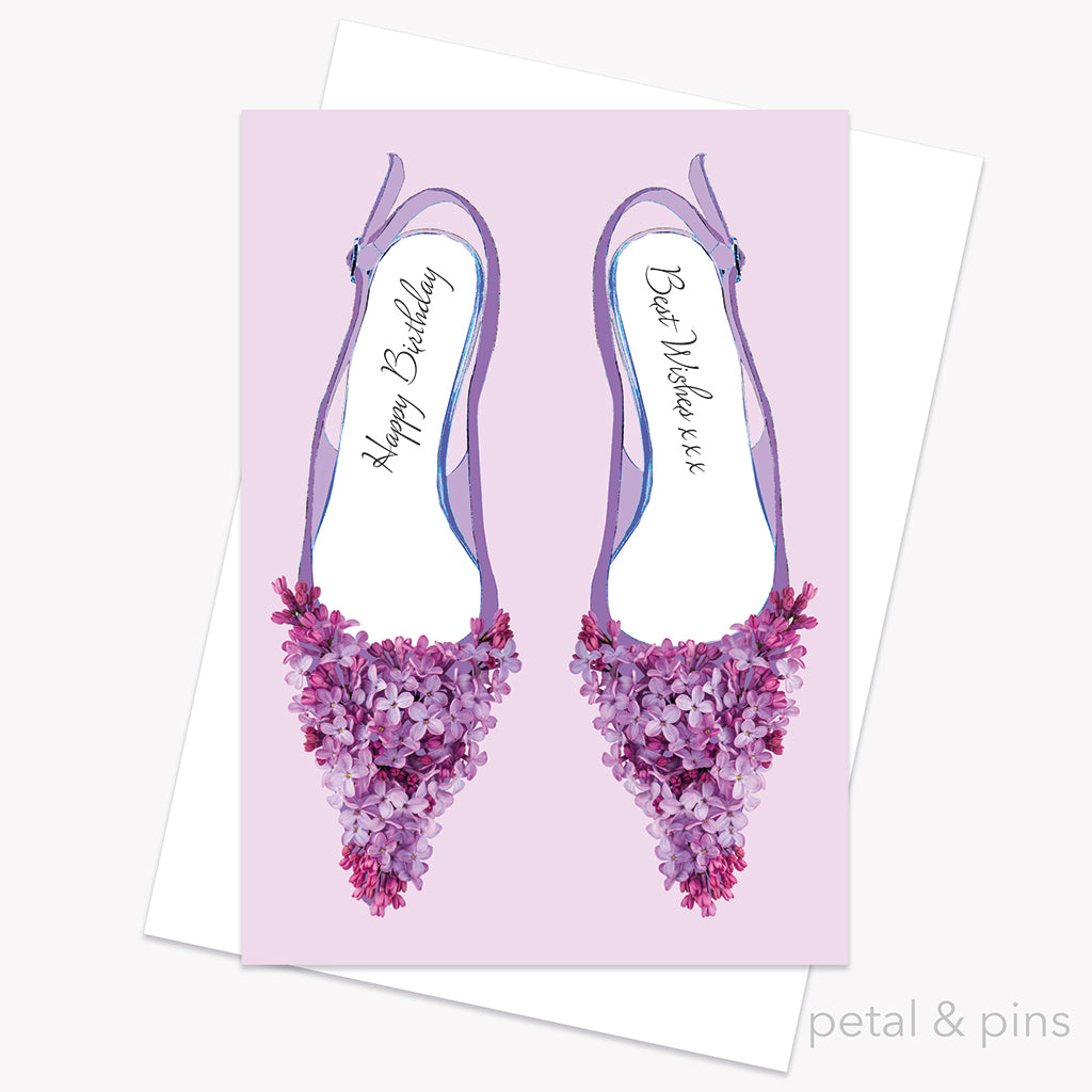 Lilac high heels floral birthday card by petal & pins