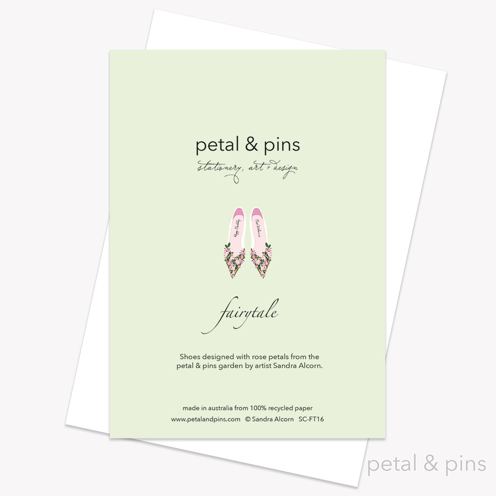 Roses high heels floral birthday card back by petal & pins