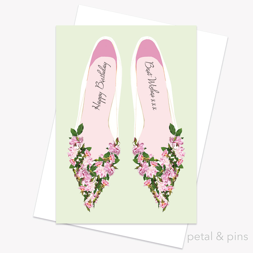 Roses high heels floral birthday card by petal & pins