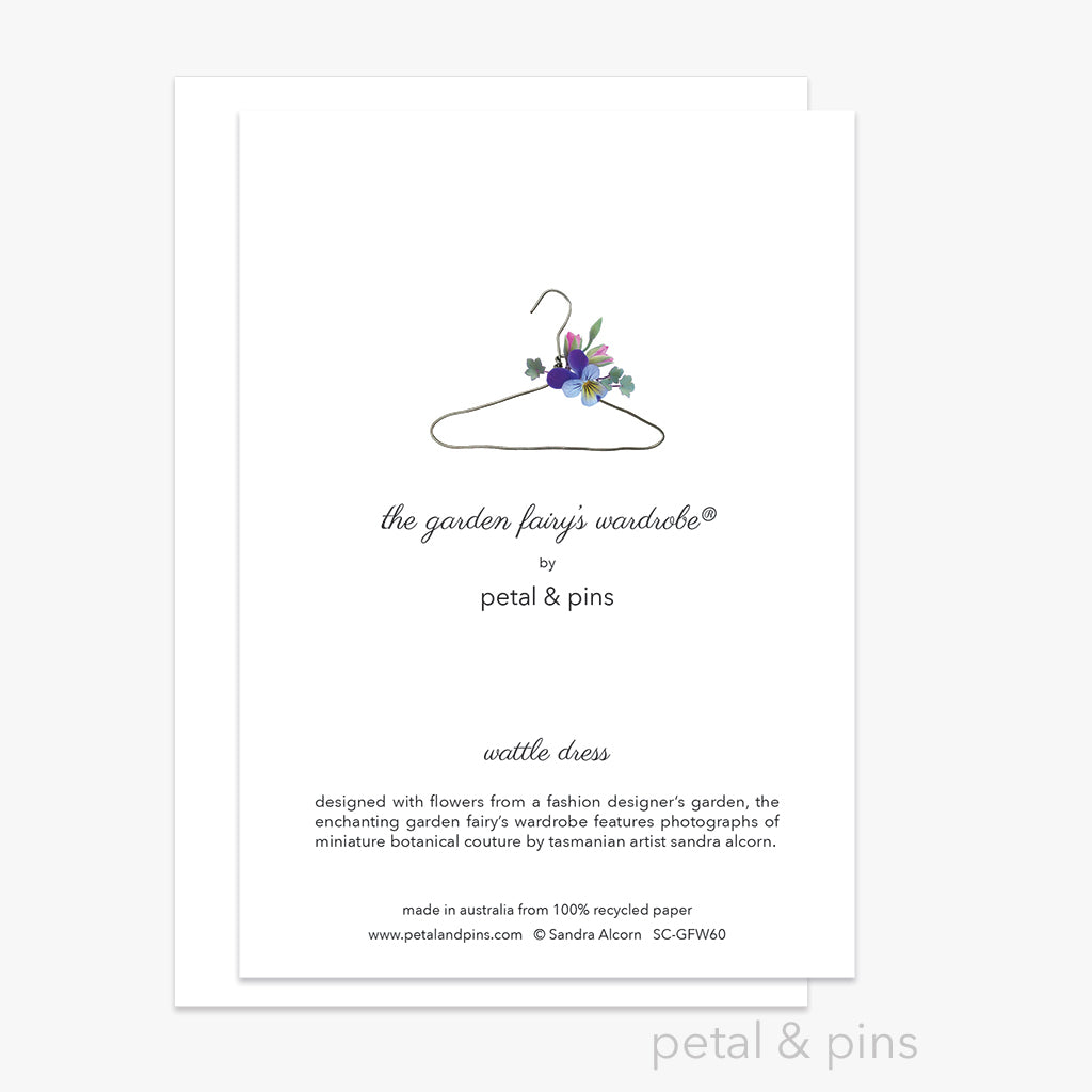 wattle dress greeting card (back) from the garden fairy wardrobe by petal & pins