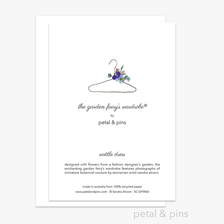 wattle dress greeting card (back) from the garden fairy wardrobe by petal & pins