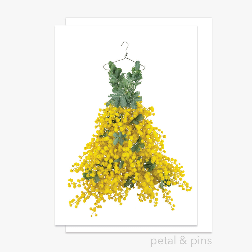 wattle dress greeting card  from the garden fairy wardrobe by petal & pins