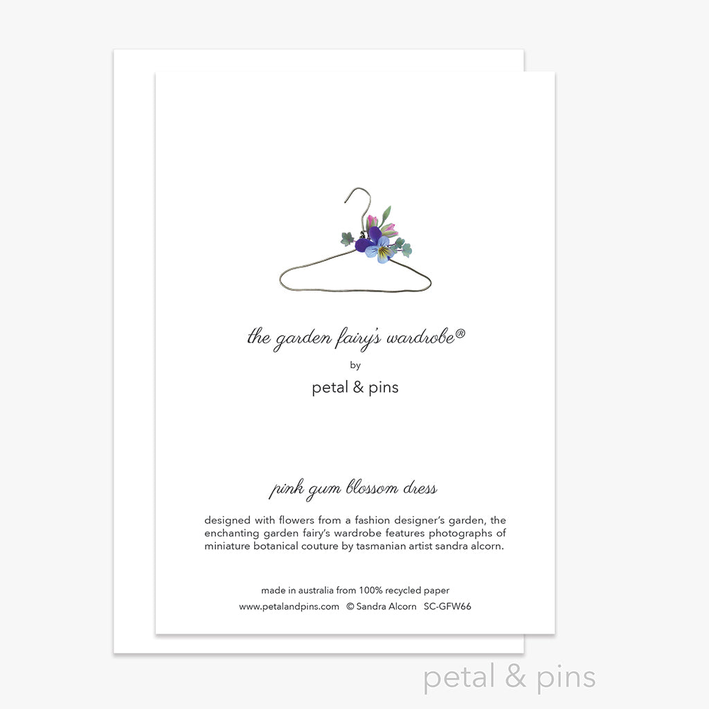 pink gum blossom dress greeting card back from the garden fairy's wardrobe by petal & pins