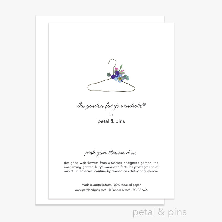 pink gum blossom dress greeting card back from the garden fairy's wardrobe by petal & pins