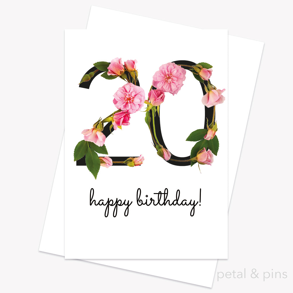 20th birthday celebration roses card by petal & pins