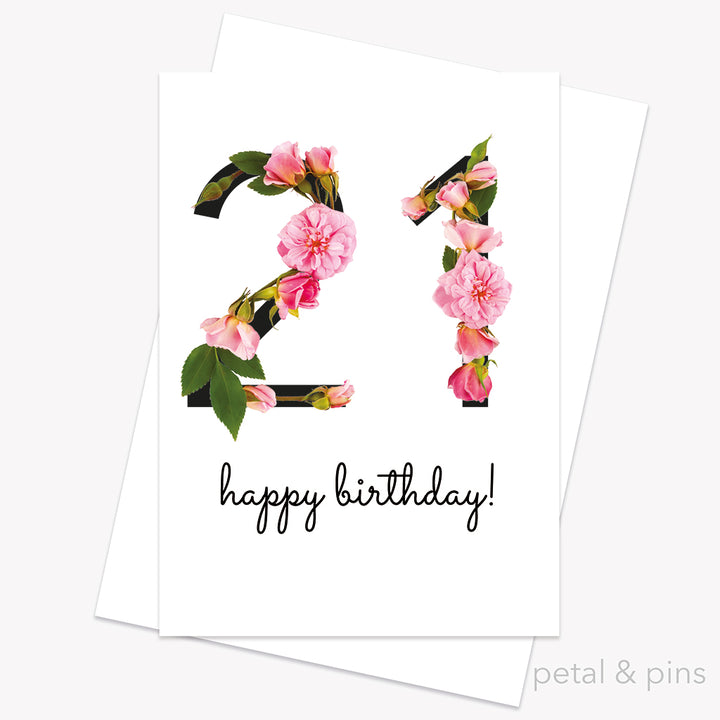 21st birthday card featuring pink roses from the love letters collection by petal &amp; pins