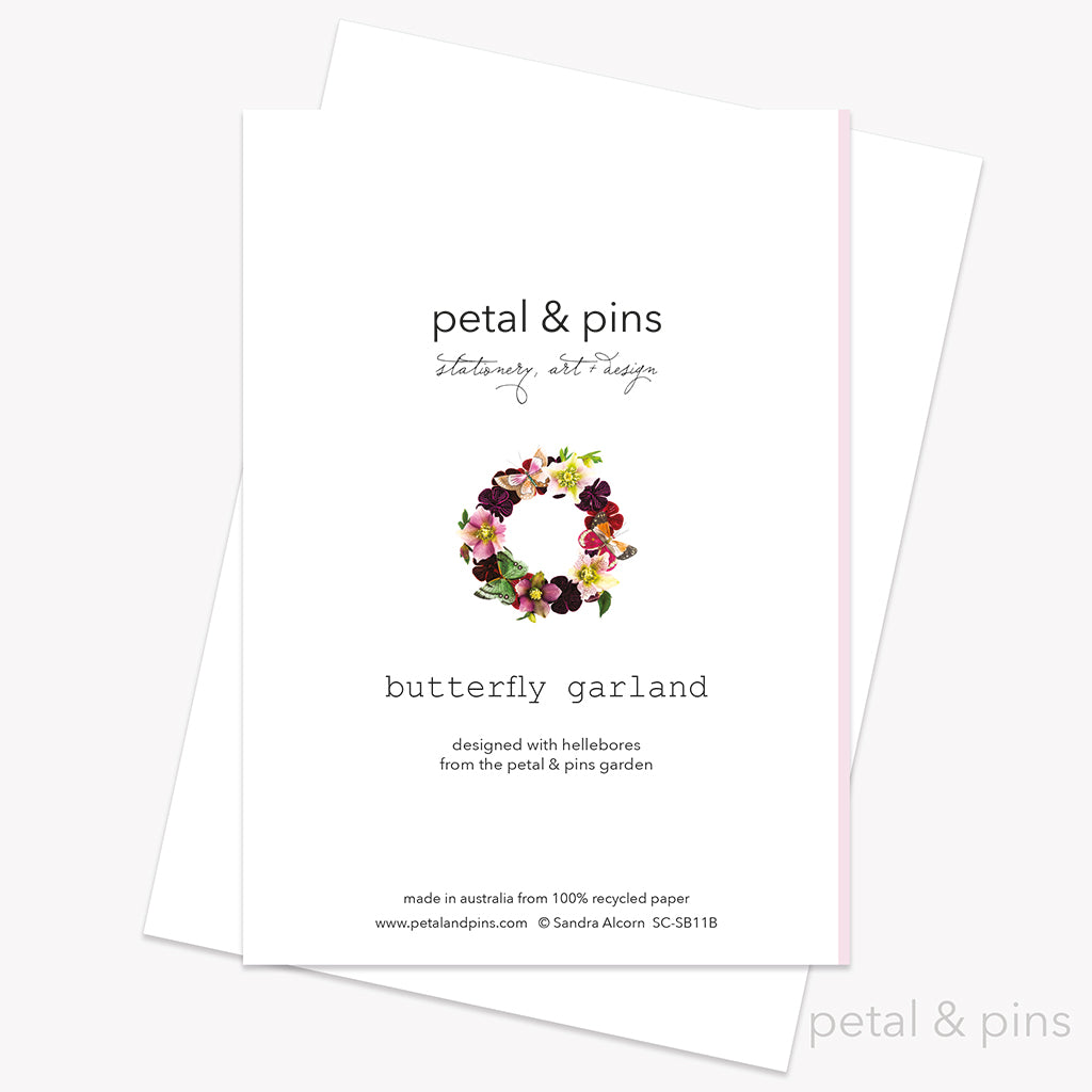 Butterfly Garland (Rosewater) card back by petal & pins. Greeting card with floral and butterfly design on a pink background.