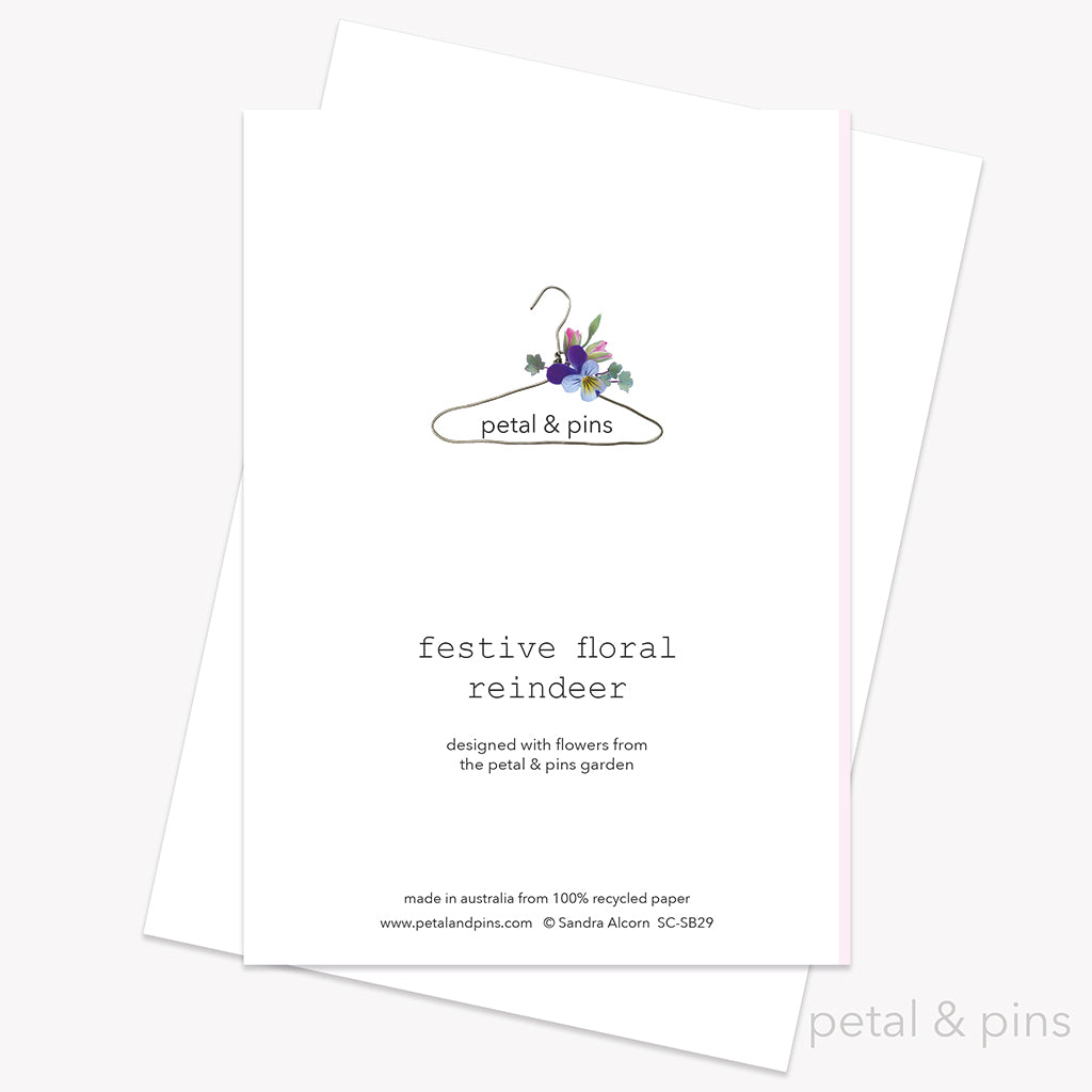 festive floral reindeer card back by petal & pins.
