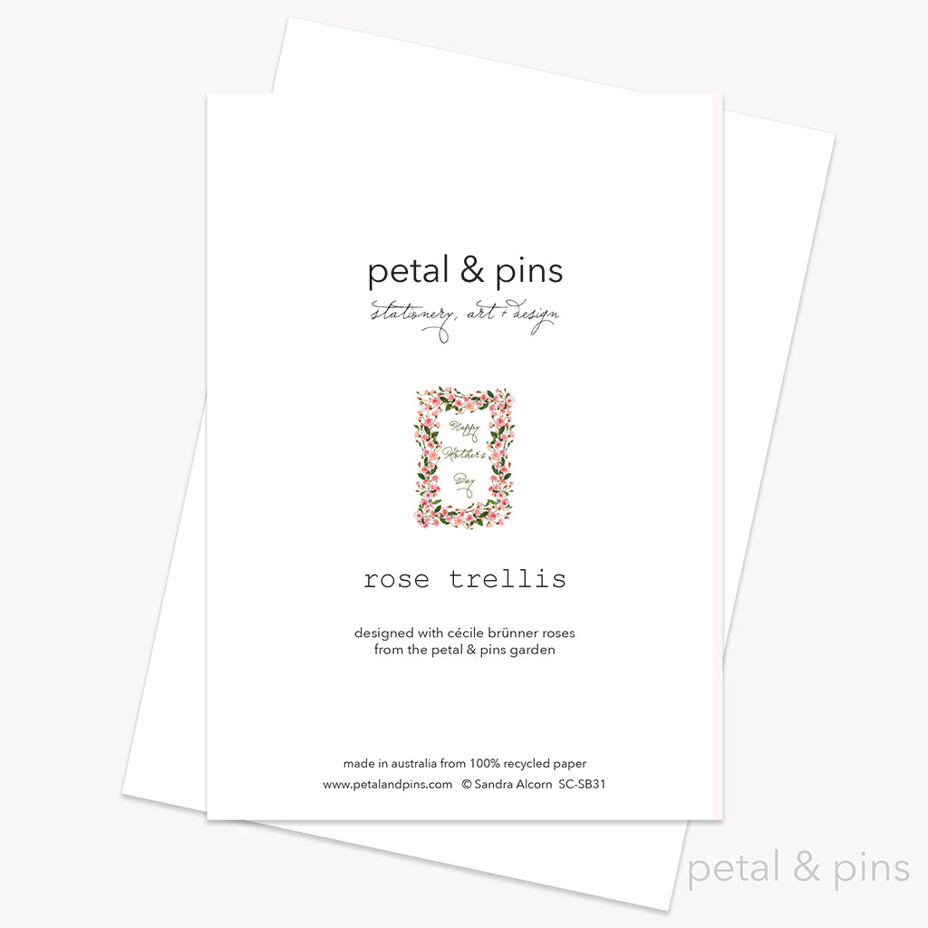 Happy Mother's Day pink roses greeting card back by petal & pins