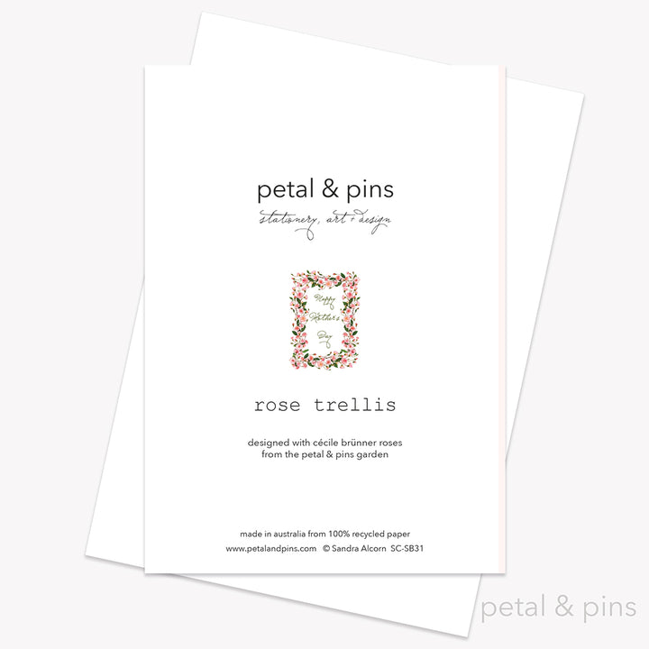 Happy Mother's Day pink roses greeting card back by petal & pins