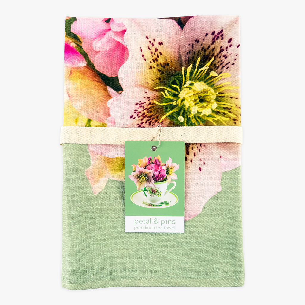vintage teacup posy pure linen tea towel by petal & pins - folded with cotton twill band and tag