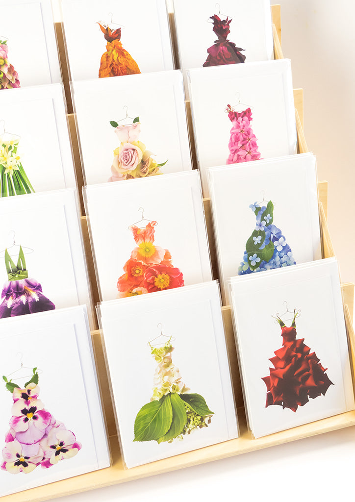 botanical couture greeting cards from the garden fairy's wardrobe by petal & pins styled in a card stand