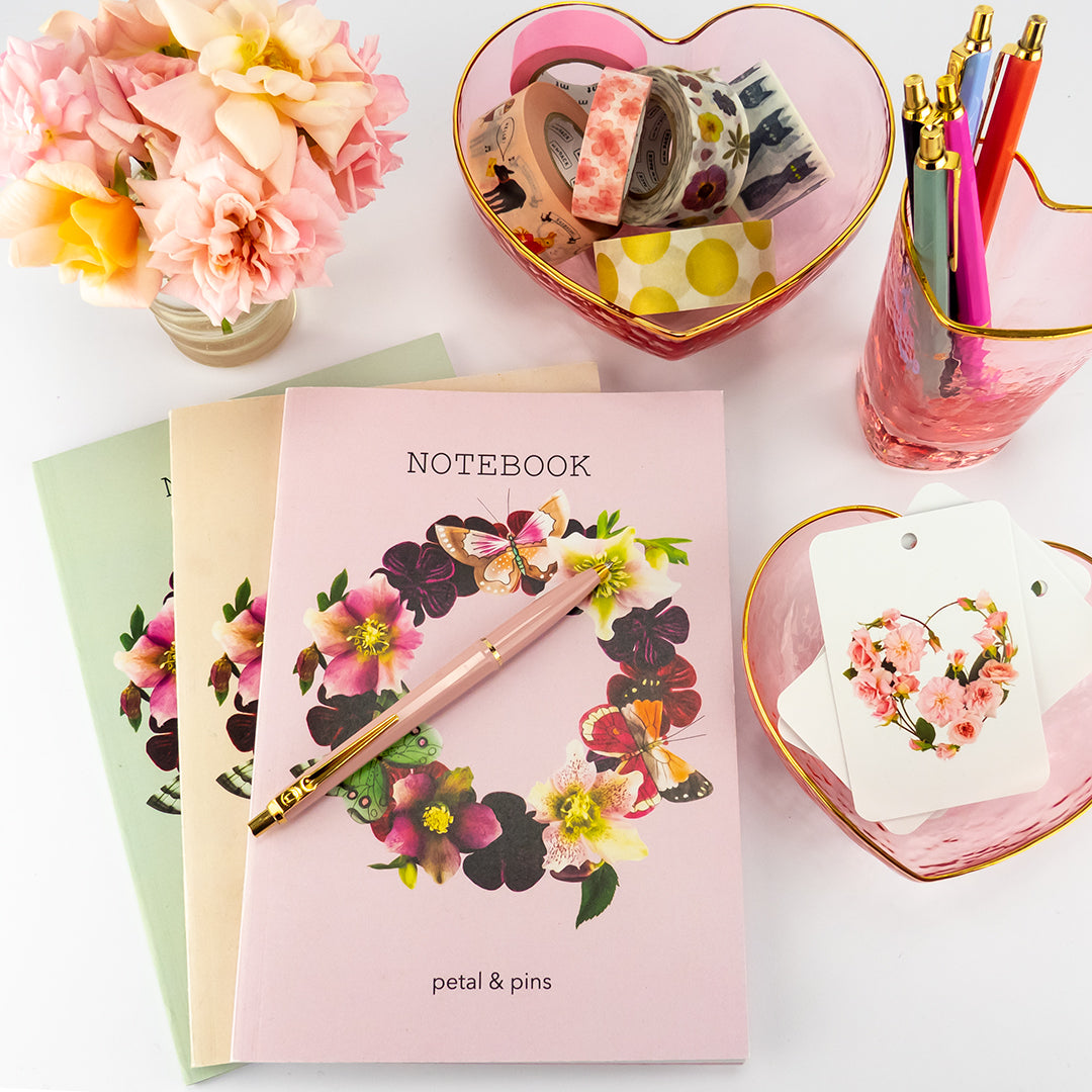 butterfly garland notebooks and love letters gift tags by petal & pins styled with ballograf epoca luxe pens, mt washi tape, pink glass heart bowls from The Source and fresh cećile brünner roses from the petal & pins garden 