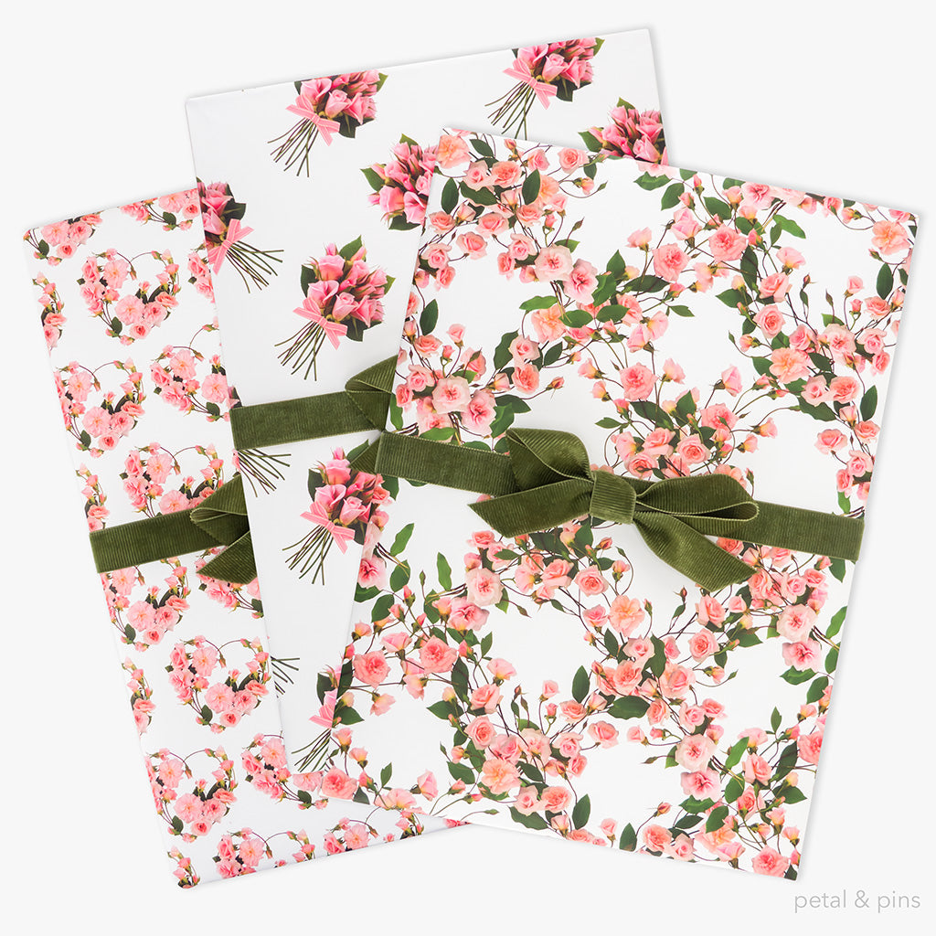 Wrapping paper trio - 3 sheets each featuring a different rose design by petal & pins