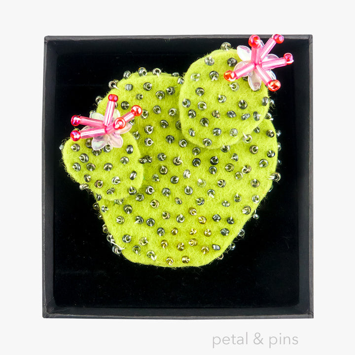 cactus brooch with hot pink flowers in box by petal & pins