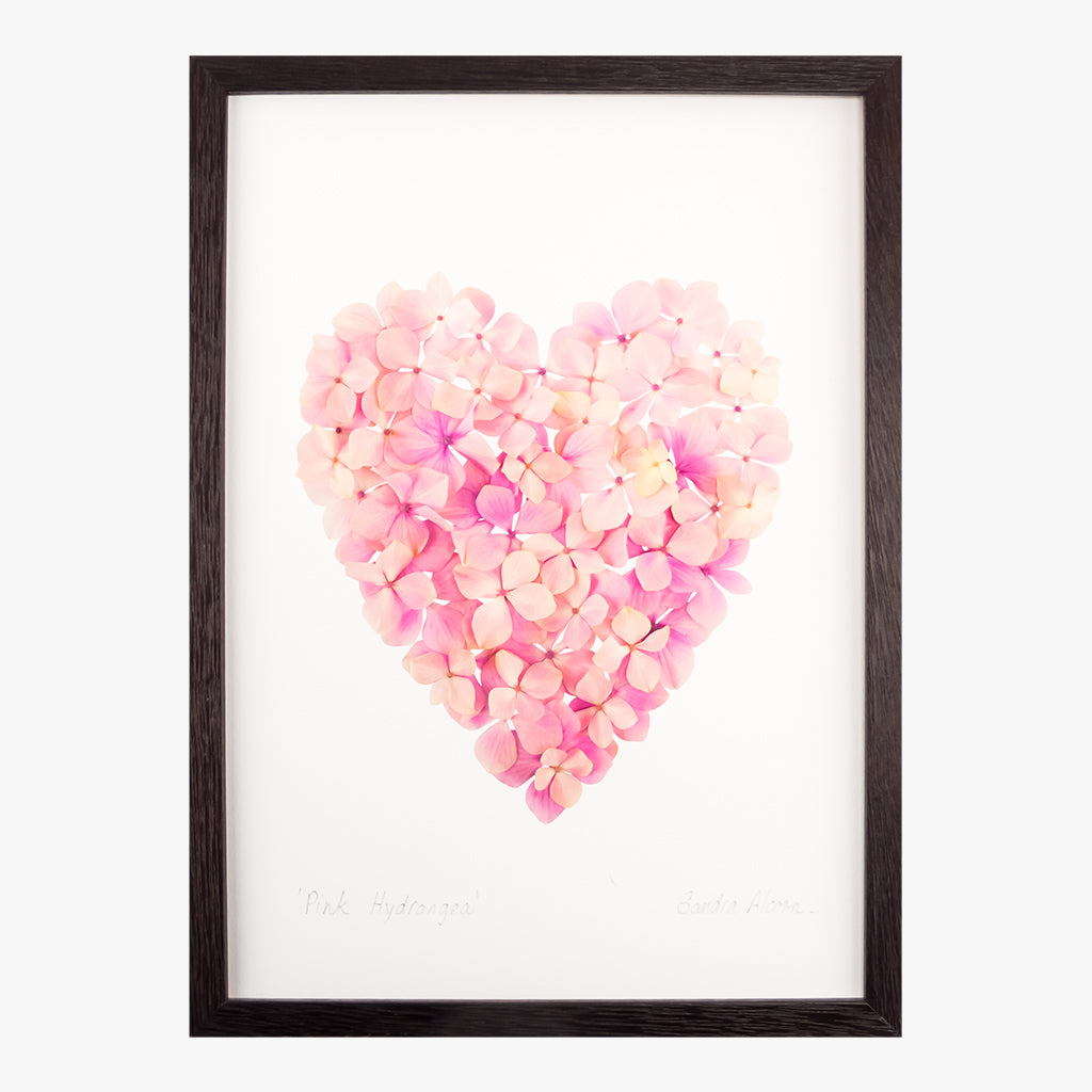 pink hydrangea heart art print by petal & pins