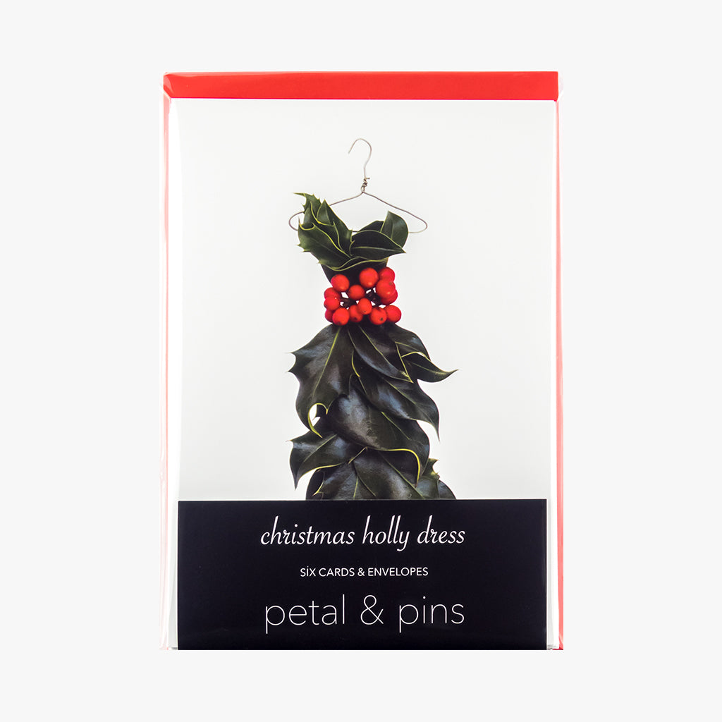 christmas holly dress style 1 cards - pack of six christmas cards by petal & pins