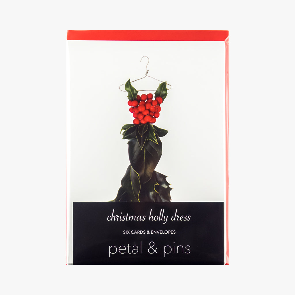 christmas holly dress style 4 cards - pack of six christmas cards by petal & pins